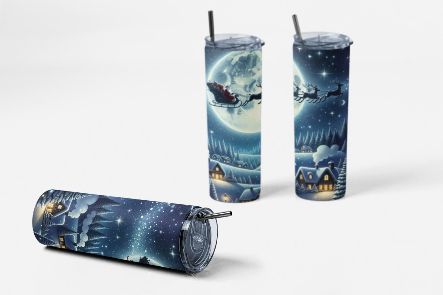 20oz Skinny Straight Stainless Steel Tumbler - Santa's Sleigh Night Sky