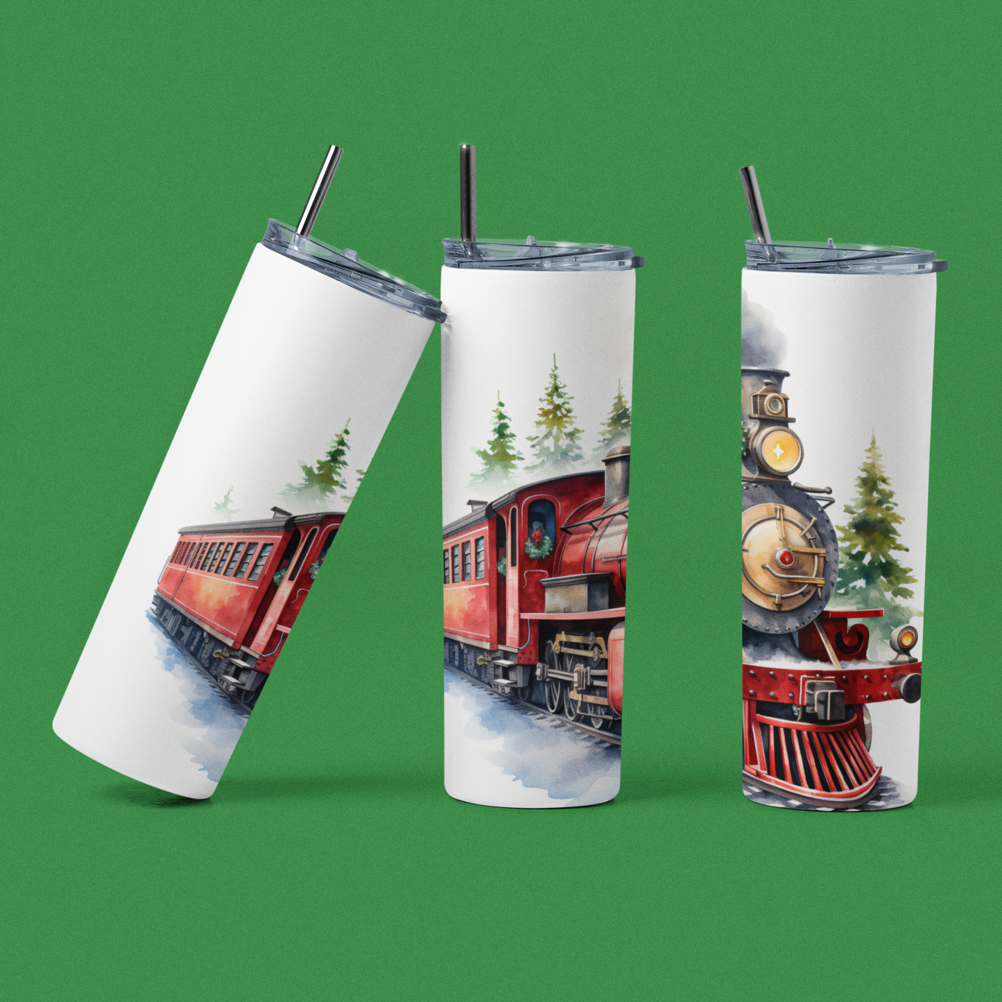 20oz Skinny Straight Stainless Steel Tumbler - Christmas Train