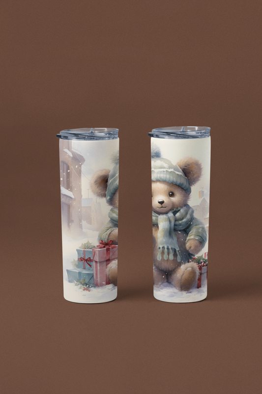 20oz Skinny Straight Stainless Steel Tumbler - Cozy Winter Teddy Bear